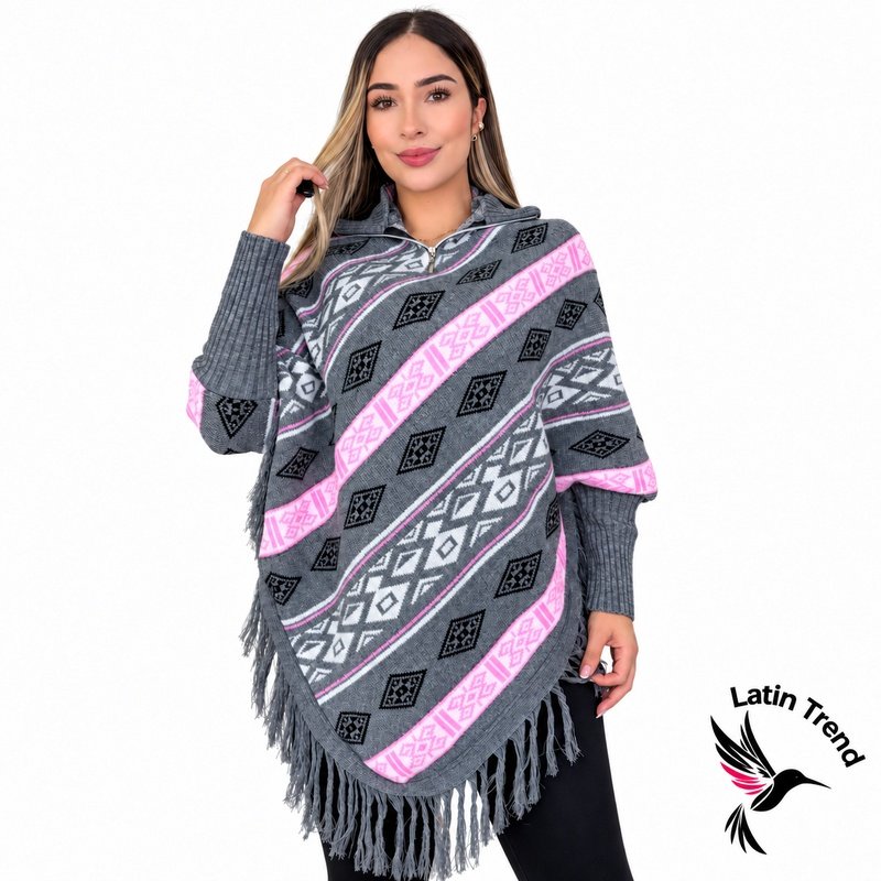 Ruana gris con rosado para mujer, cremallera y flecos – Latin Trend