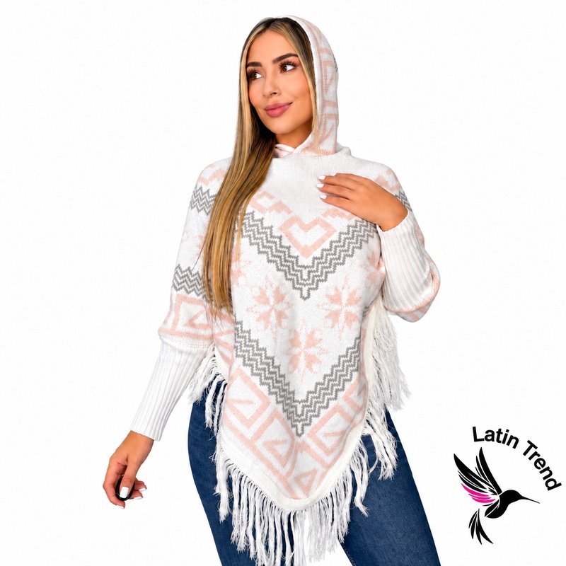 Ruana para mujer marfil con diseño curuba y gris, capucha y flecos – Latin Trend