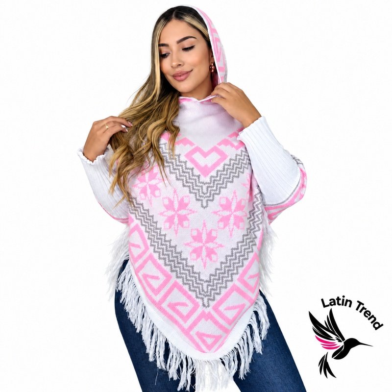 Ruana marfil y rosado para mujer con capucha y flecos – Latin Trend