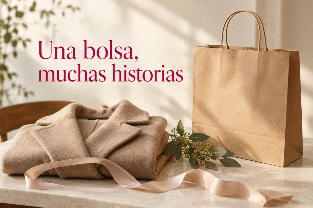 Una bolsa, muchas historias: ilustración de una bolsa de papel junto a una prenda doblada.