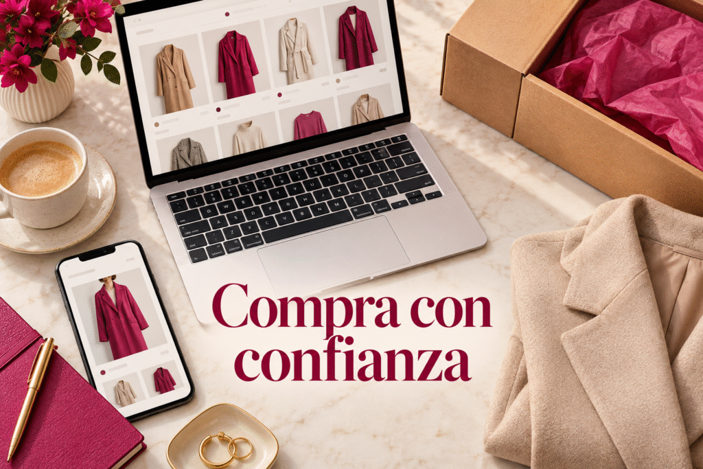 Compra con confianza: ilustración de una tienda de ropa en computador y celular junto a un paquete.